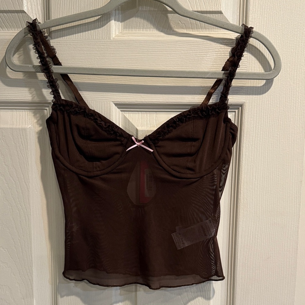 Brown Sheer Camisole with Pink Bow